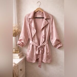Chic Blush Satin Open-Front Robe | Tie Waist Jacket | Heart & Hips | M